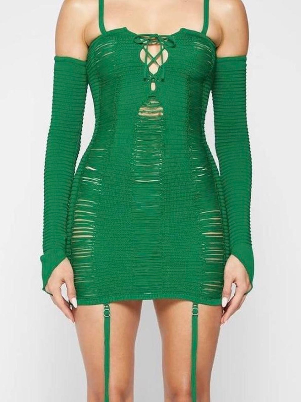 NWT Maniere De Voir Green Lace-Up Knit Mini Dress with Detachable Sleeves